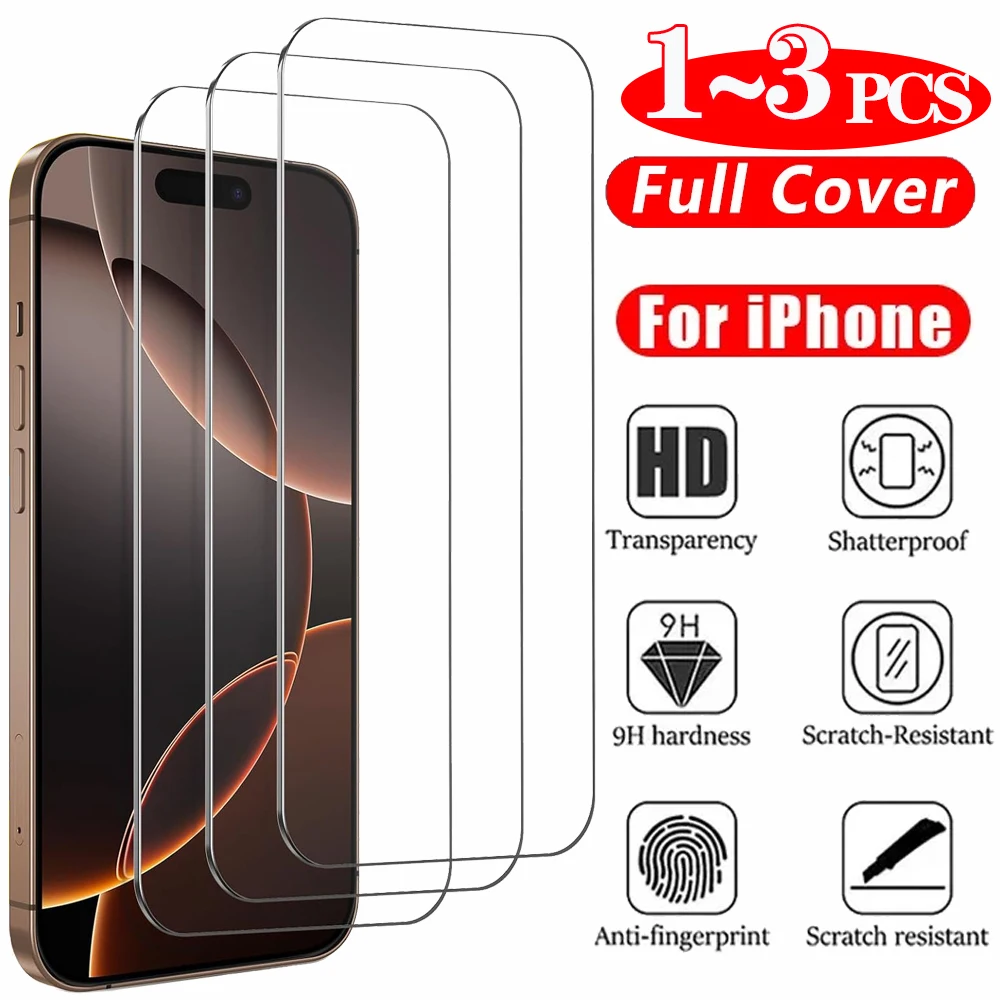 1~3PCS HD Tempered Glass For iPhone 17 16e 16 15 14 13 Pro Max Screen Protector For iPhone 11 12 Pro Phone Glass iPhone 16 Pro